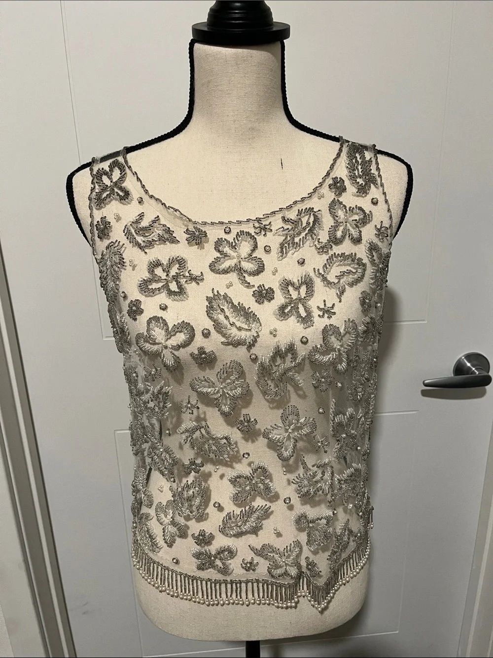 Vintage Intricate Embroidered Beaded Fringe Sheer Top Old Hollywood Glamour